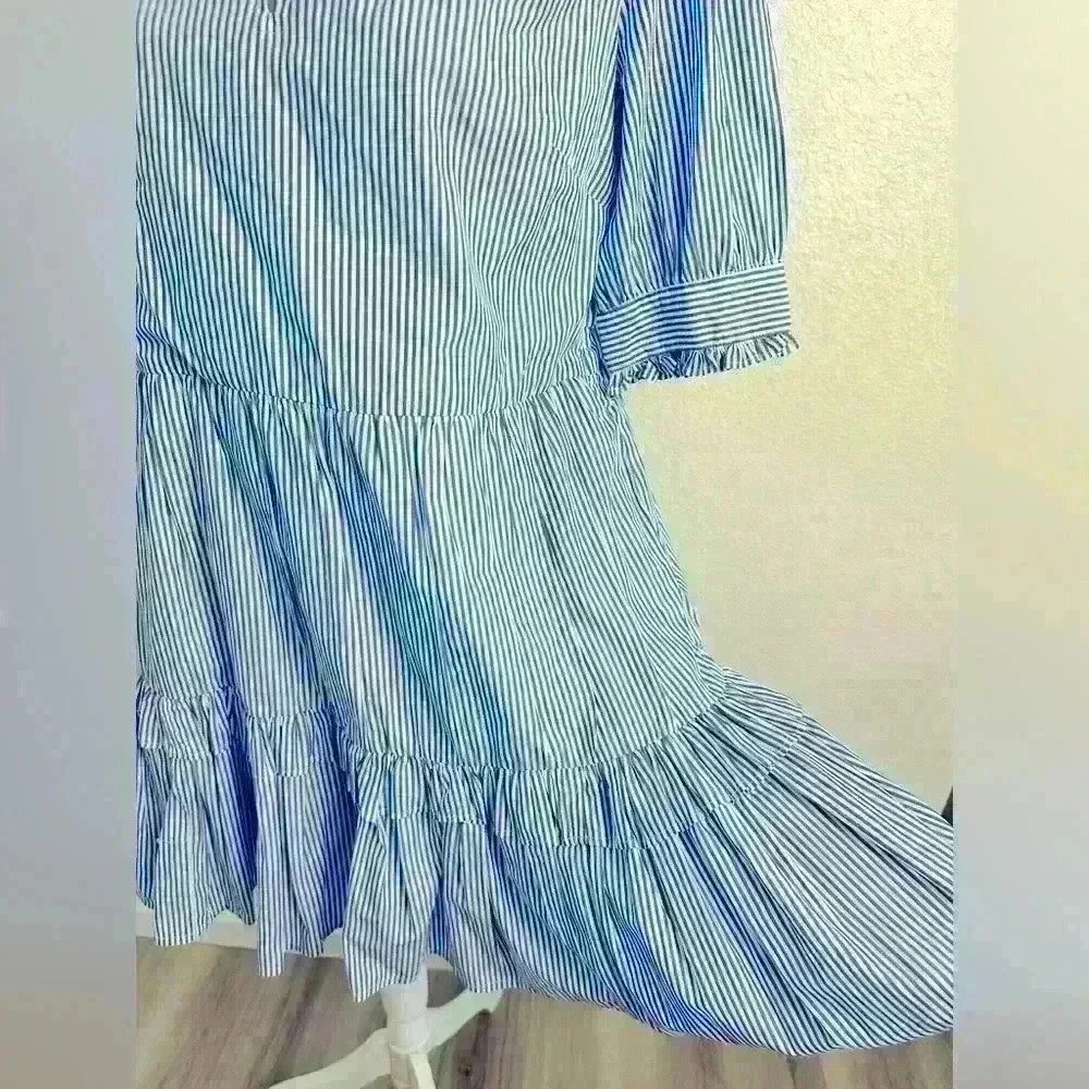 J. Crew Stripe Ruffleneck Tiered Popover Dress Size Medium Petite